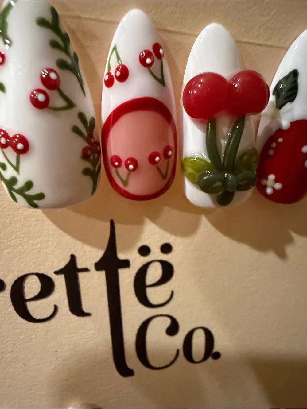 Cherry & Floral handmade acrylic Press-On Nails - White and Red Set